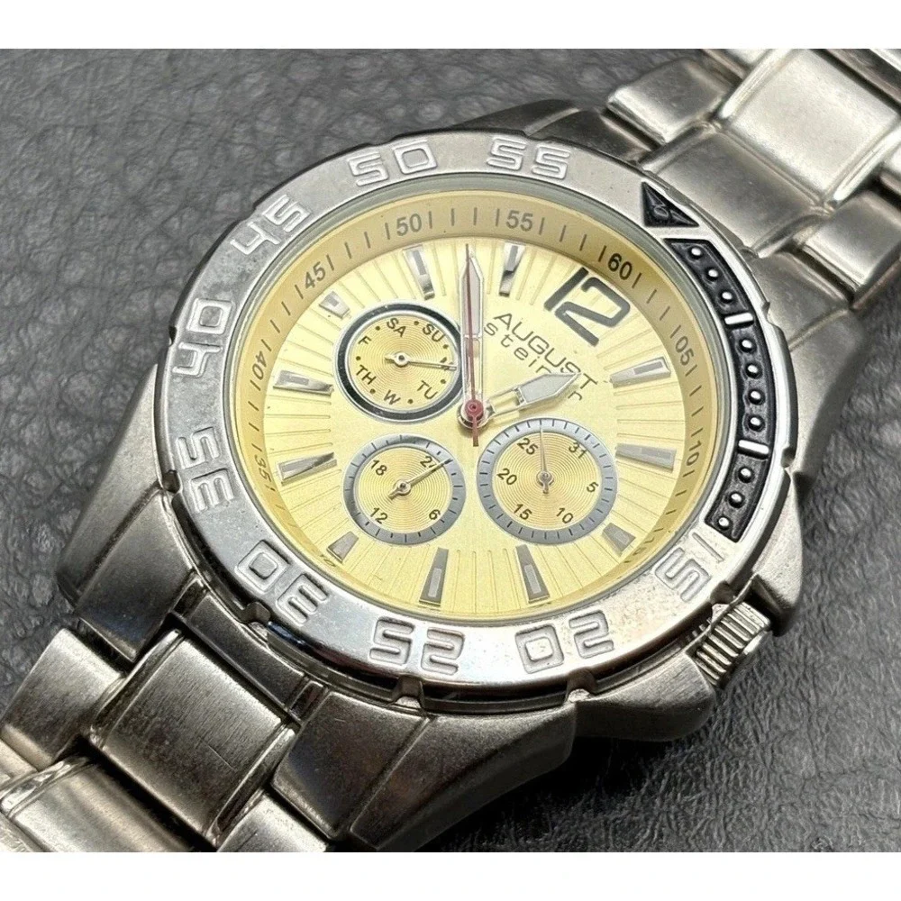 August Steiner Men's Stainless Steel Chronograph Watch Works - NEW BATTERY